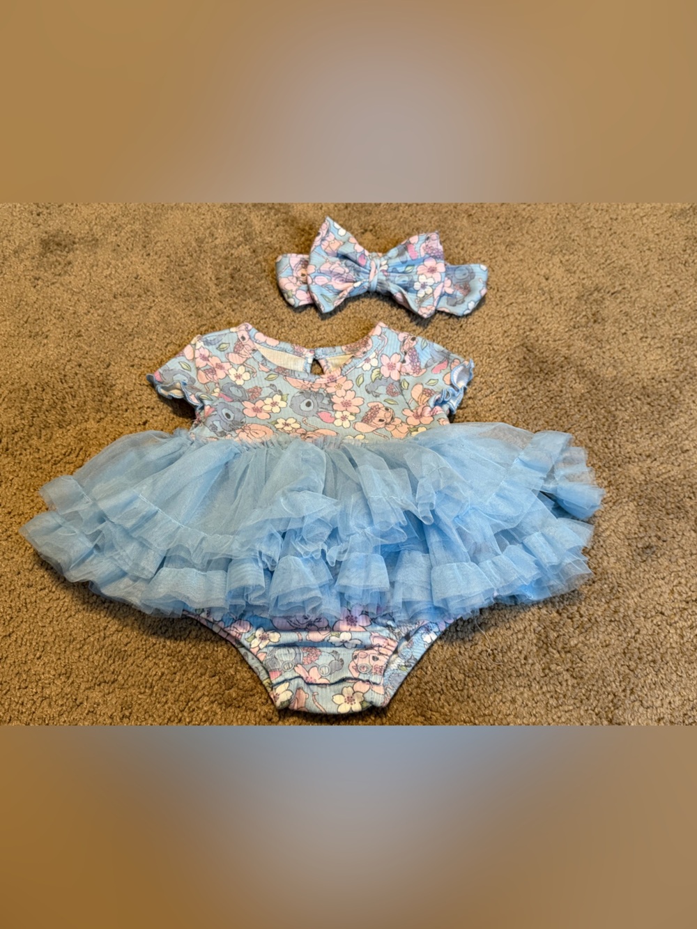 Disney Baby Lilo & Stitch Blue Pink Floral Dress Romper W/ Headband Girls 0-3m